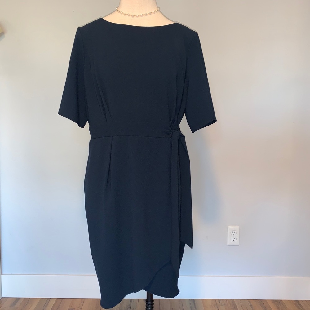 Navy Dress, waist tie and v-neck zip back